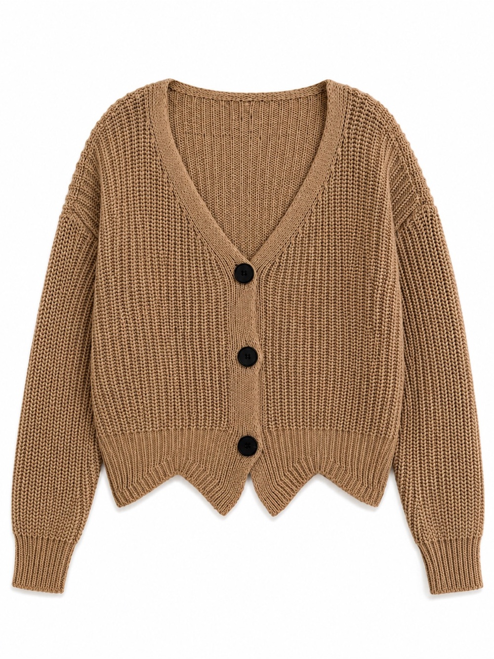 Cropped V-Neck Chunky Button Cardigan in Camel
